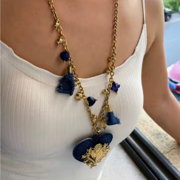 Blue Denim Heart Pendant Necklace – Statement Fashion Jewelry - Picture 7 of 9